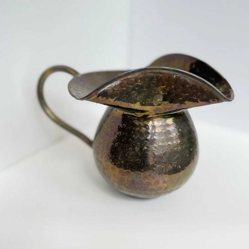 Brass Copper Hammered Old West Tavern Spittoon Style Pitcher Small Vintage